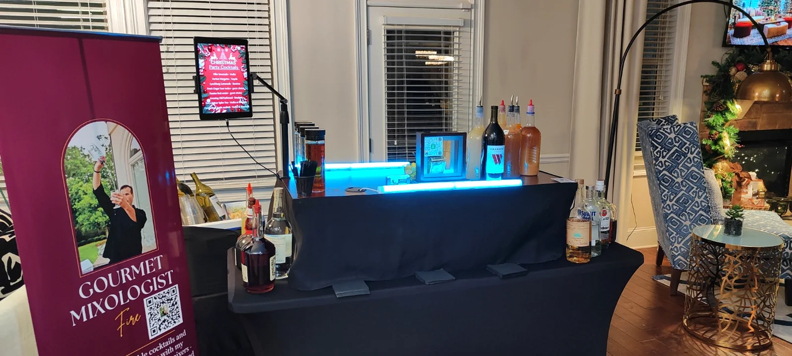 Fires Bartending branded mobile bar at an elegant indoor event