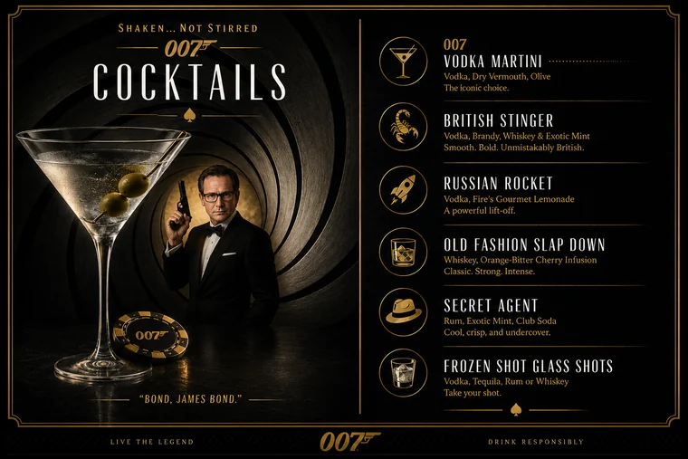 Custom James Bond themed cocktail menu