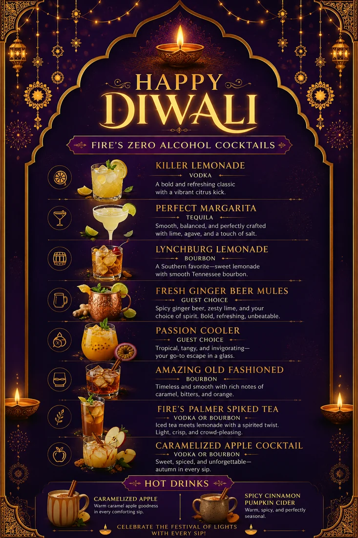 Purple and gold Diwali cocktail menu