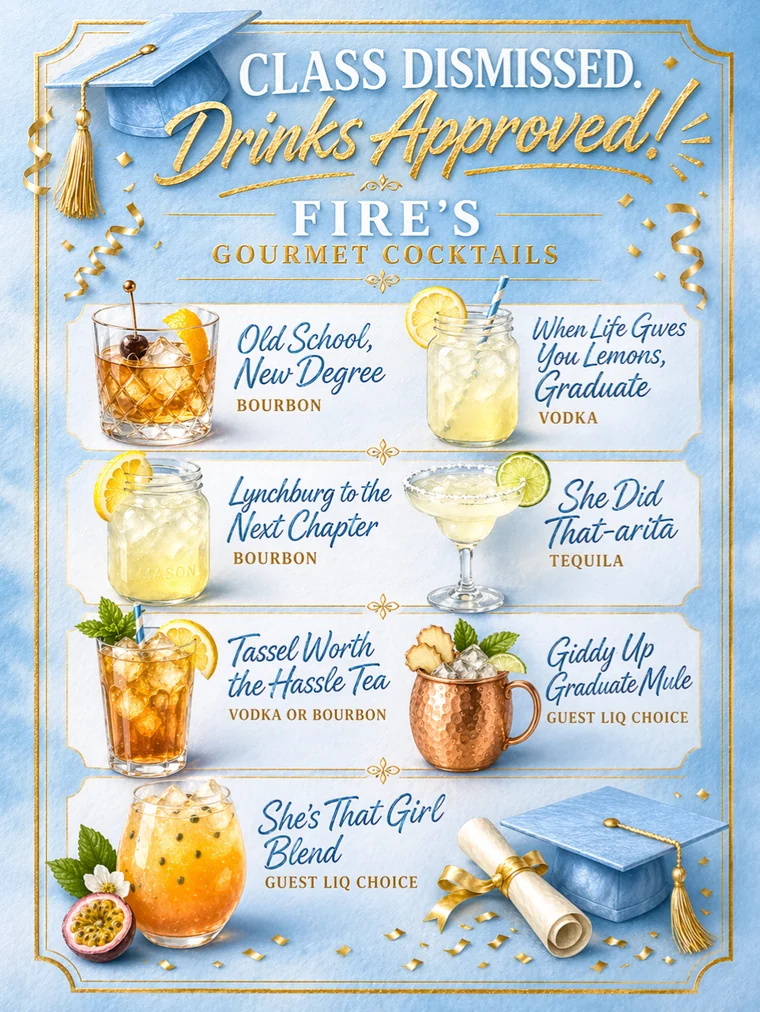 Blue and gold graduation cocktail menu