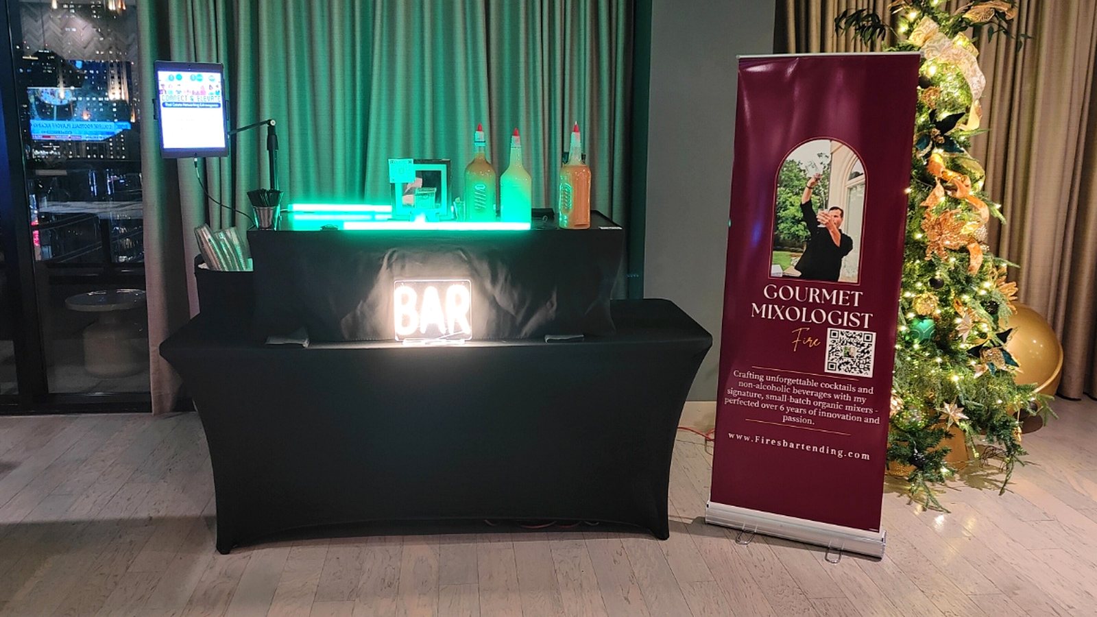 A complete Fires Bartending mobile bar and branded display ready for an event